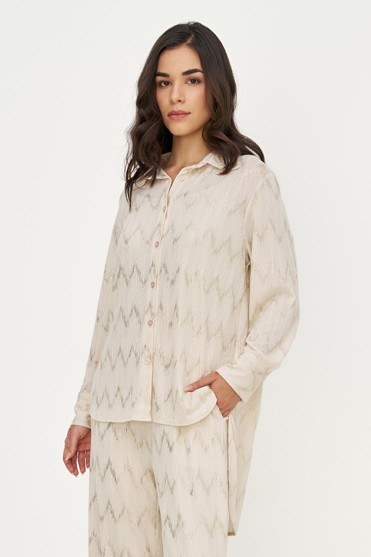 Women's Foil Zigzag-Stripe Button-Down Tunic Shirt with Removable Cami