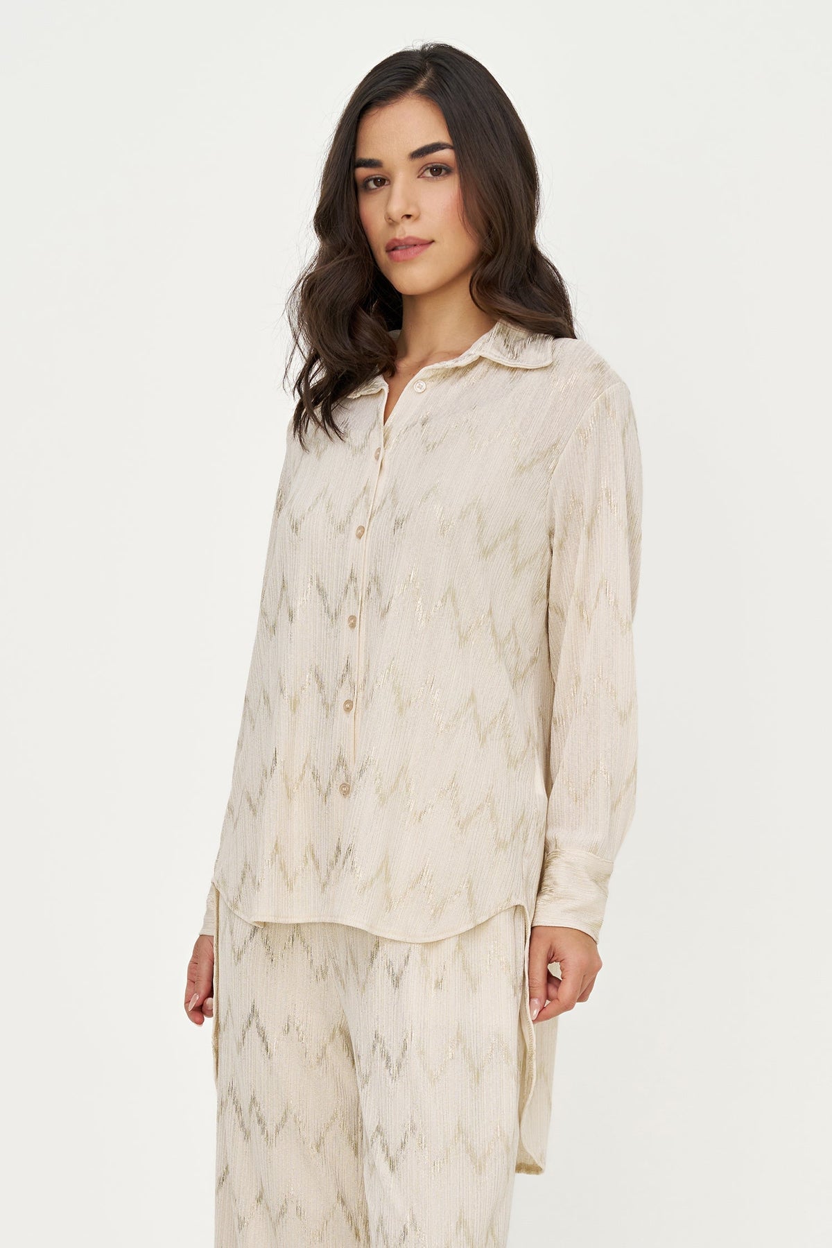 Women's Foil Zigzag-Stripe Button-Down Tunic Shirt with Removable Cami