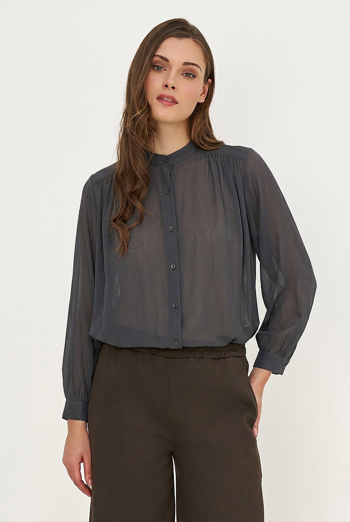 Women's Woven Button-Down Tunic Shirt, Long Sleeves & Stand Collar