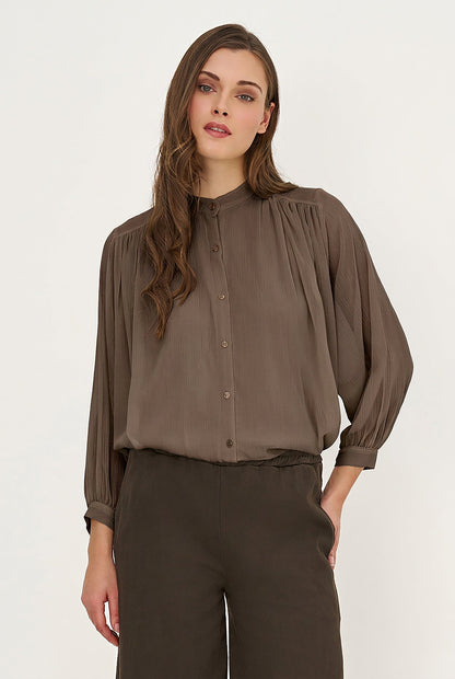 Women's Woven Button-Down Tunic Shirt, Long Sleeves & Stand Collar