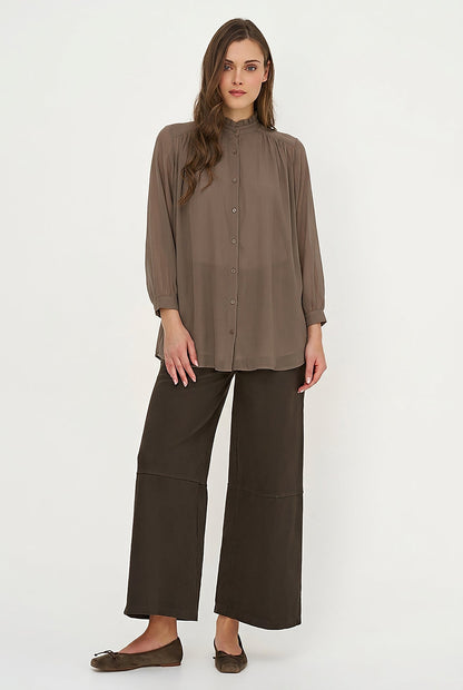 Women's Woven Button-Down Tunic Shirt, Long Sleeves & Stand Collar