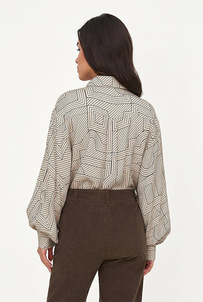 Women's Printed Button-Down Shirt with Long Sleeves Puffed at Cuffs