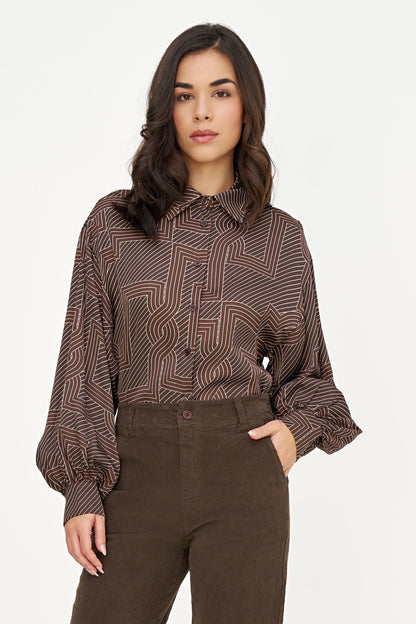 Women's Printed Button-Down Shirt with Long Sleeves Puffed at Cuffs