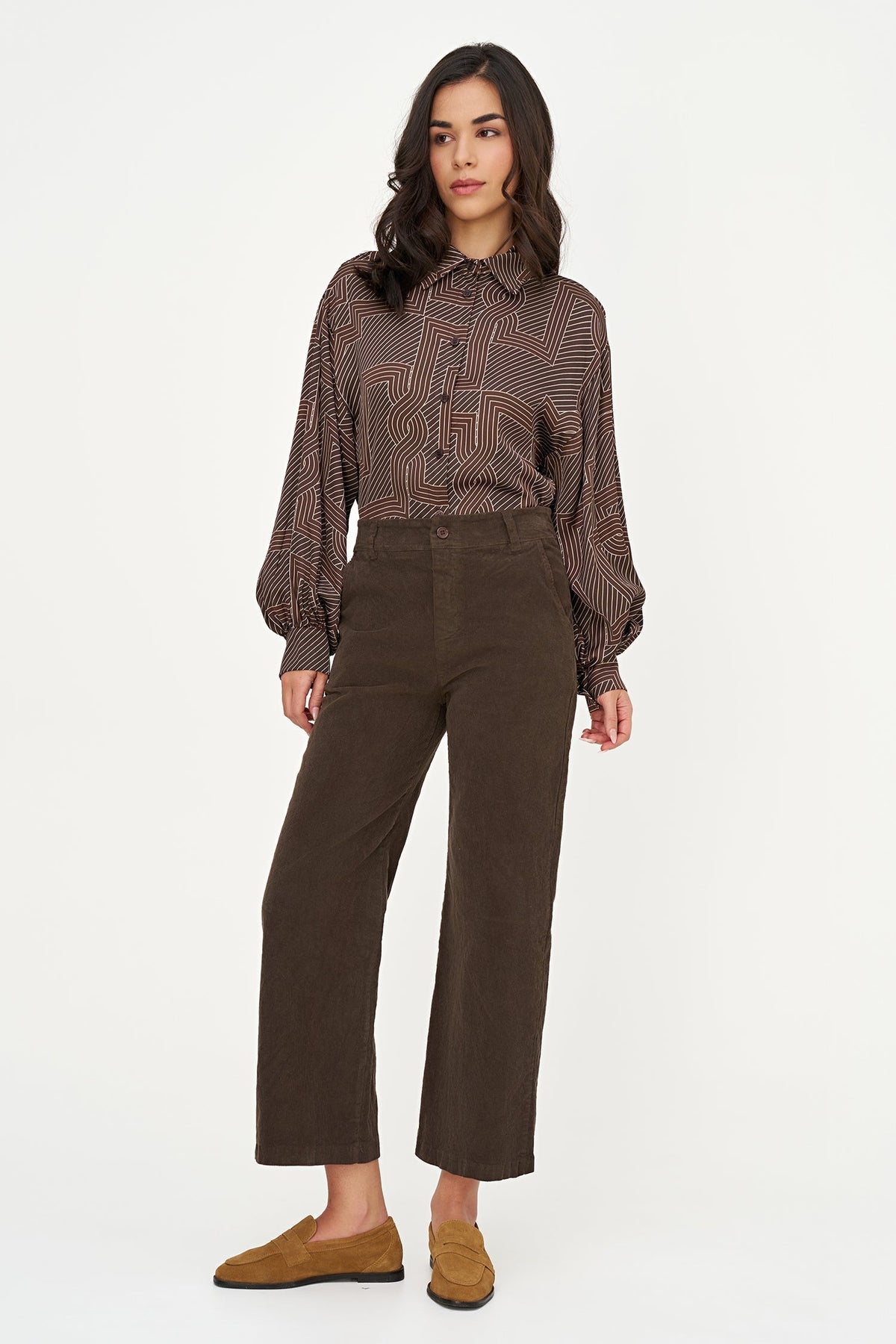 Women's Printed Button-Down Shirt with Long Sleeves Puffed at Cuffs