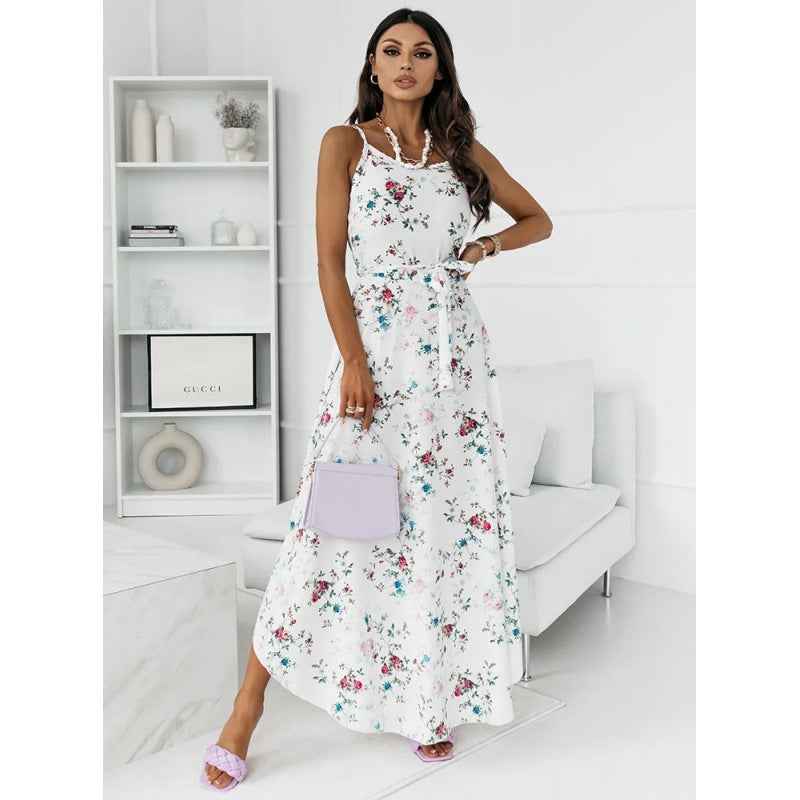 Women's Printed Suspender Belted Irregular Hem Dress