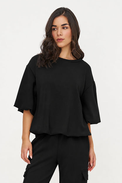 Women's Crew-Neck Sweatshirt, Elbow-Length Bubble Sleeves & Bubble Hem