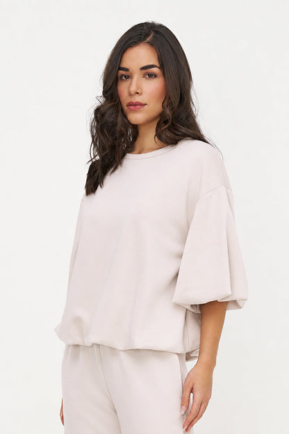 Women's Crew-Neck Sweatshirt, Elbow-Length Bubble Sleeves & Bubble Hem