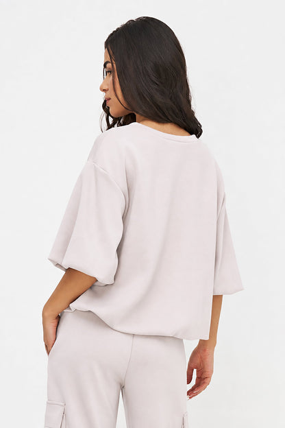 Women's Crew-Neck Sweatshirt, Elbow-Length Bubble Sleeves & Bubble Hem