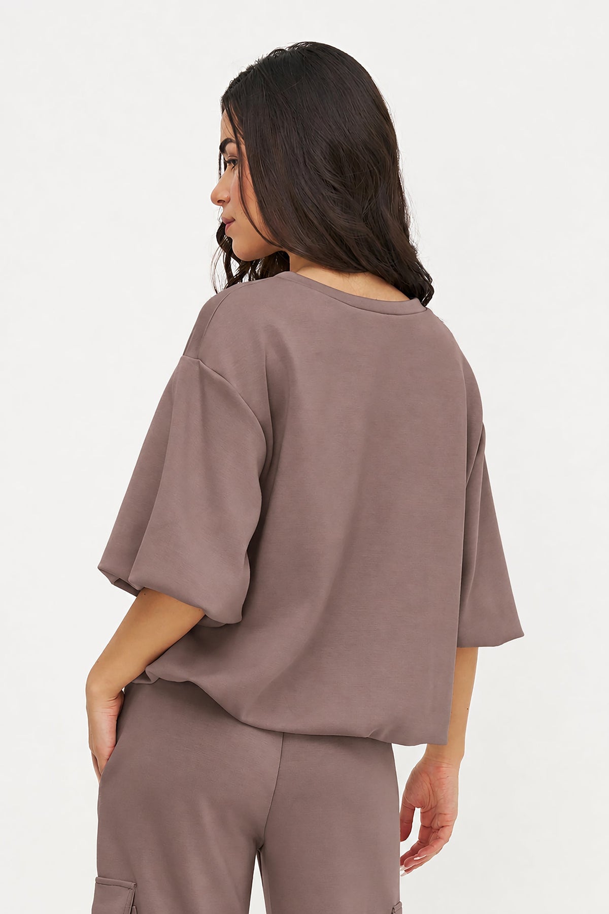 Women's Crew-Neck Sweatshirt, Elbow-Length Bubble Sleeves & Bubble Hem