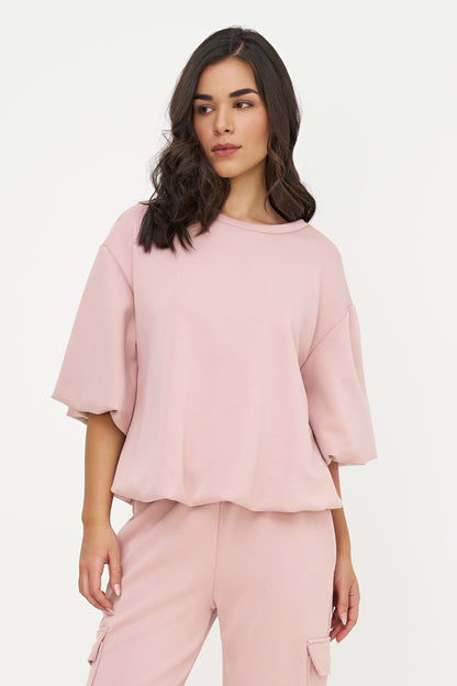 Women's Crew-Neck Sweatshirt, Elbow-Length Bubble Sleeves & Bubble Hem