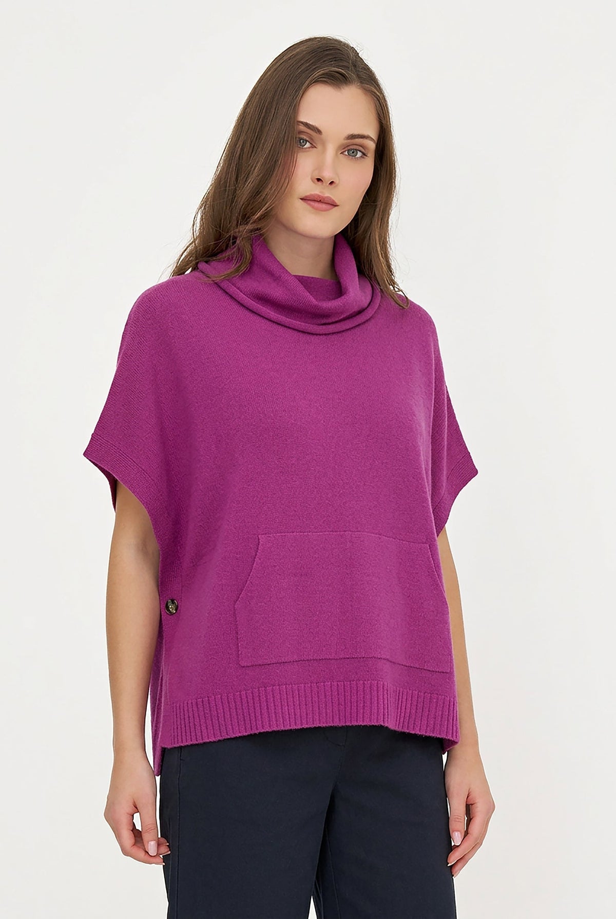 Women's Cowl Turtleneck Poncho with Side Buttons & Kangaroo Pocket