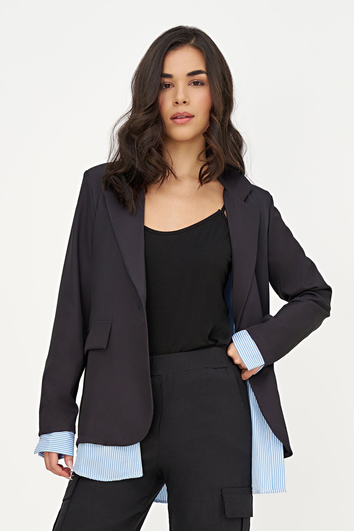 Women's Long-Sleeve Blazer, Striped Lining at Cuffs & High-Low Hem