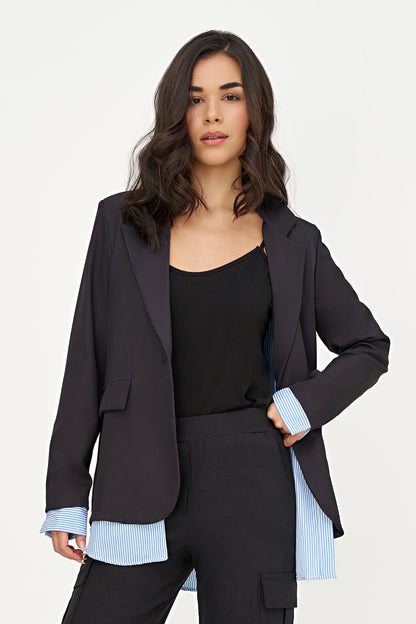 Women's Long-Sleeve Blazer, Striped Lining at Cuffs & High-Low Hem