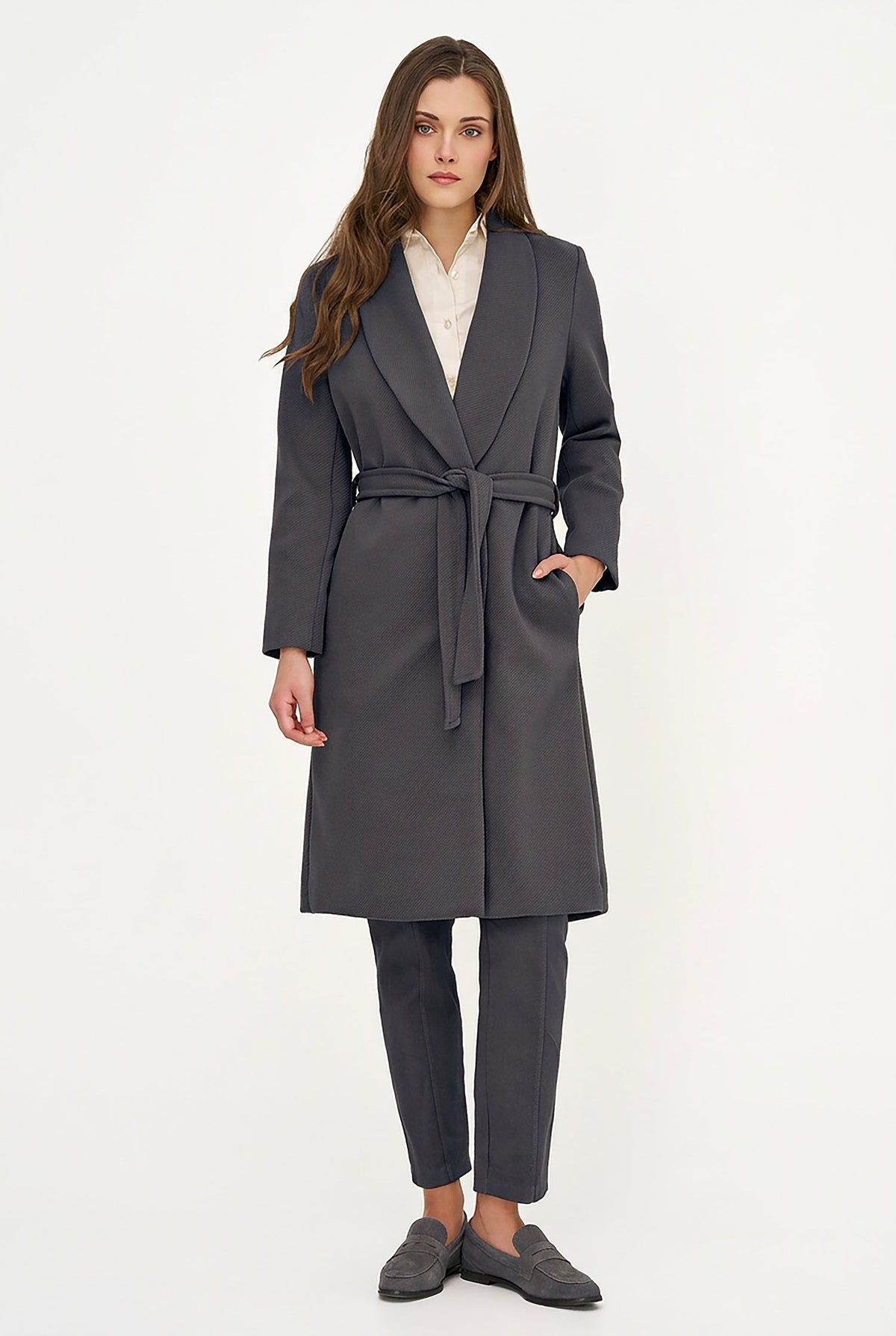 Women's Shawl-Collar Coat, Long Sleeves, Hidden Snaps & Removable Belt