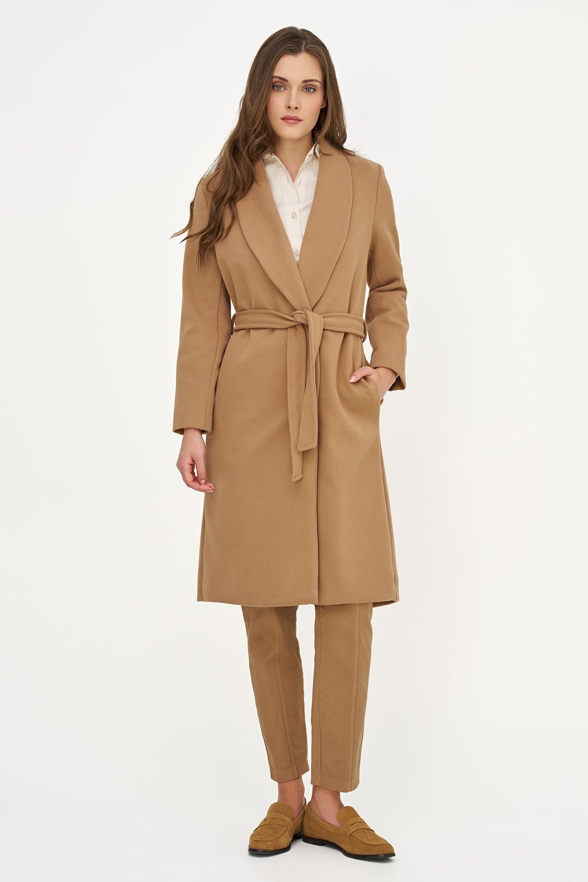 Women's Shawl-Collar Coat, Long Sleeves, Hidden Snaps & Removable Belt