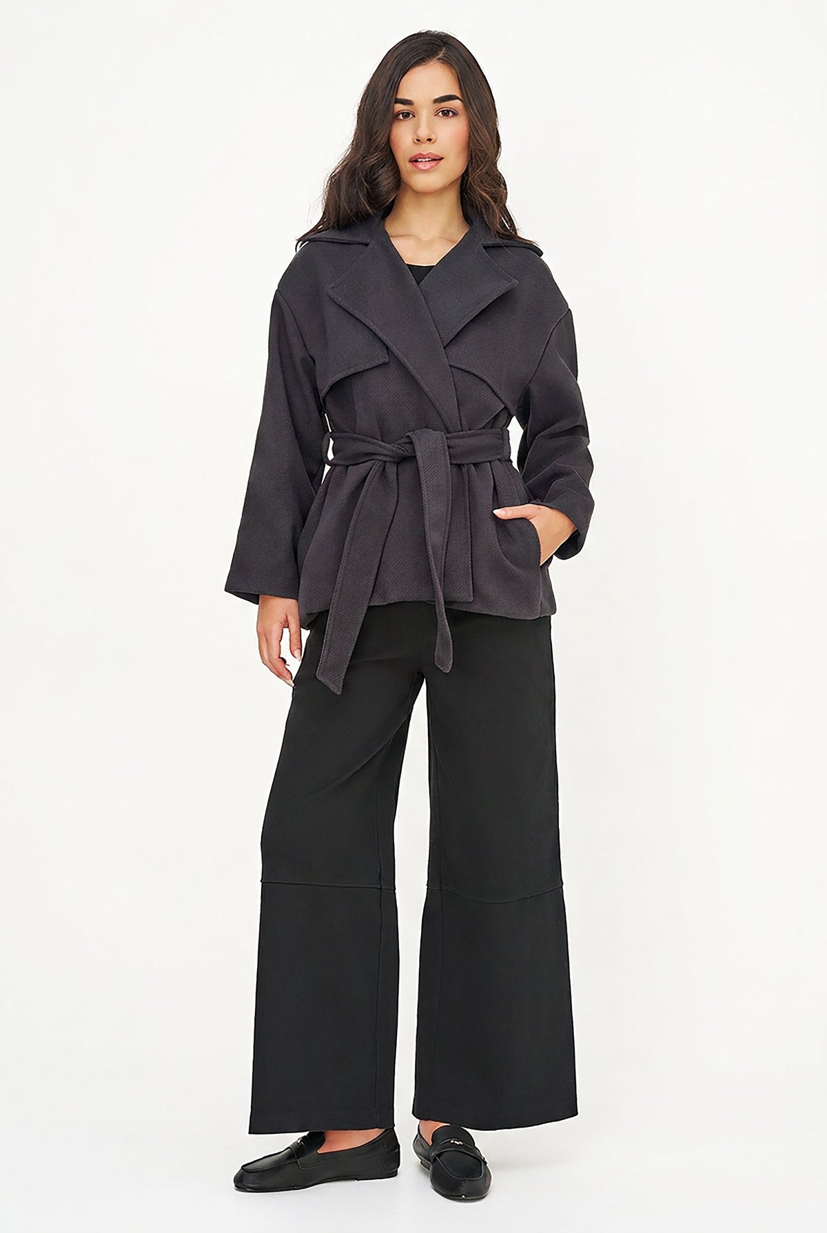 Women's Double-Breasted Coat, Lapel Collar, Flaps & Removable Belt