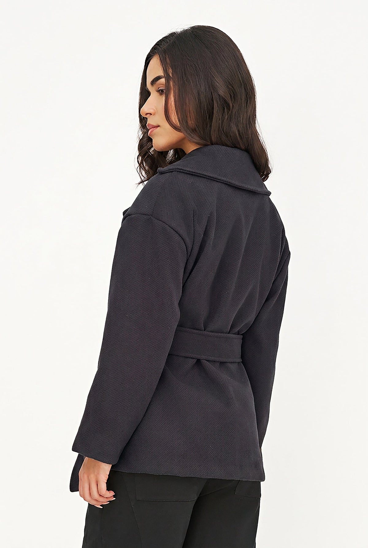 Women's Double-Breasted Coat, Lapel Collar, Flaps & Removable Belt