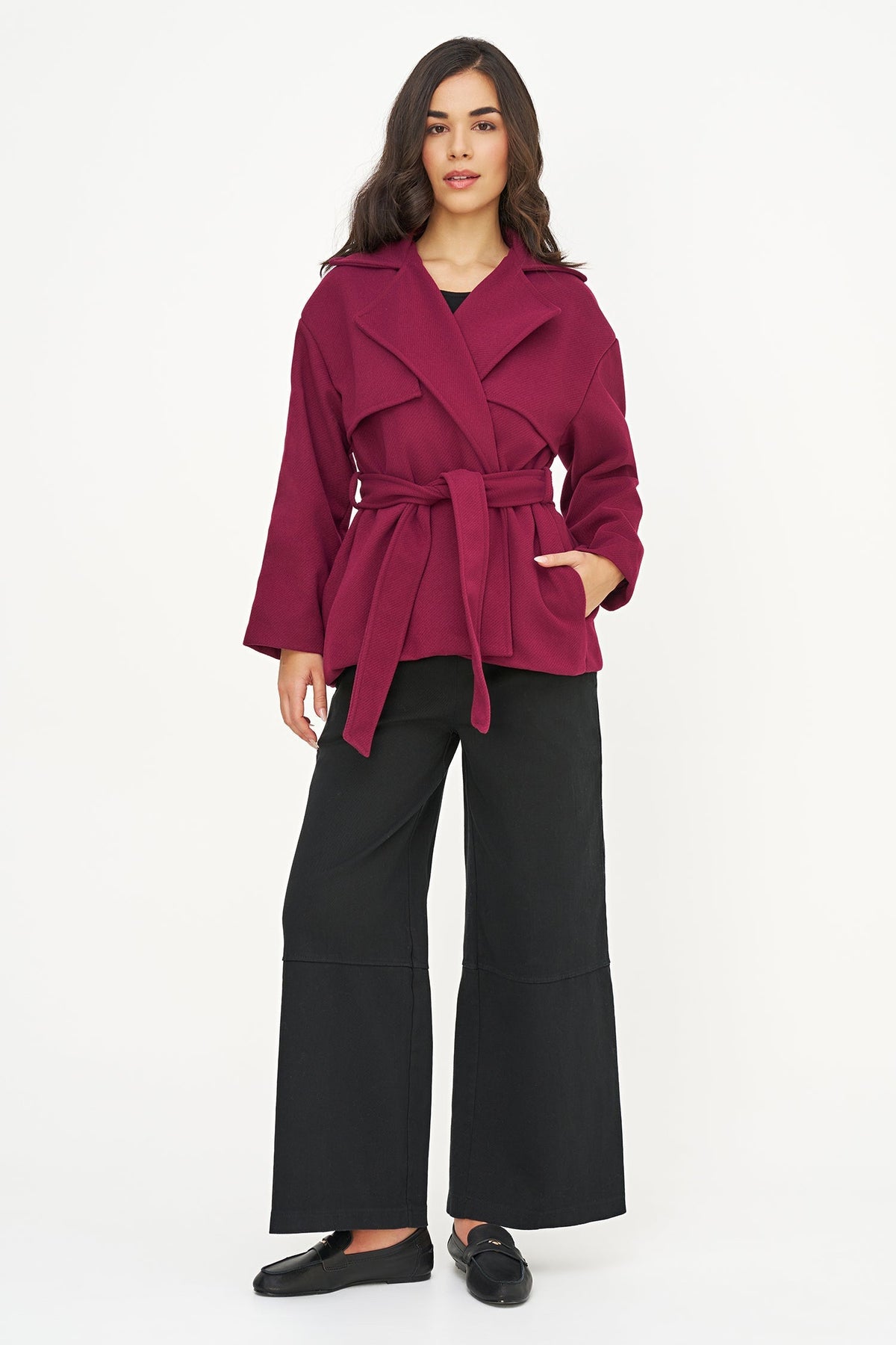 Women's Double-Breasted Coat, Lapel Collar, Flaps & Removable Belt
