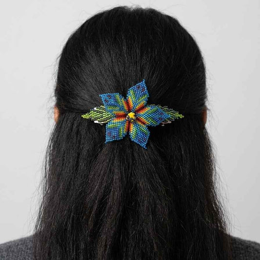 Blue Ember Bloom Beaded Hair Barrette