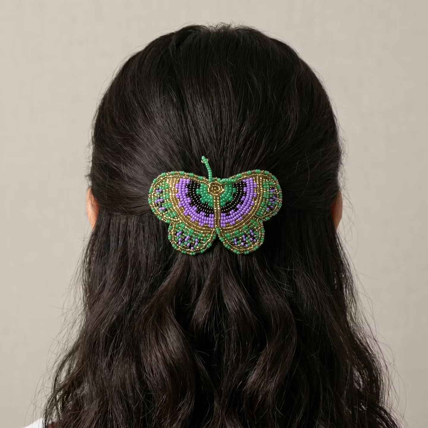 Green Butterfly Beaded Barrette