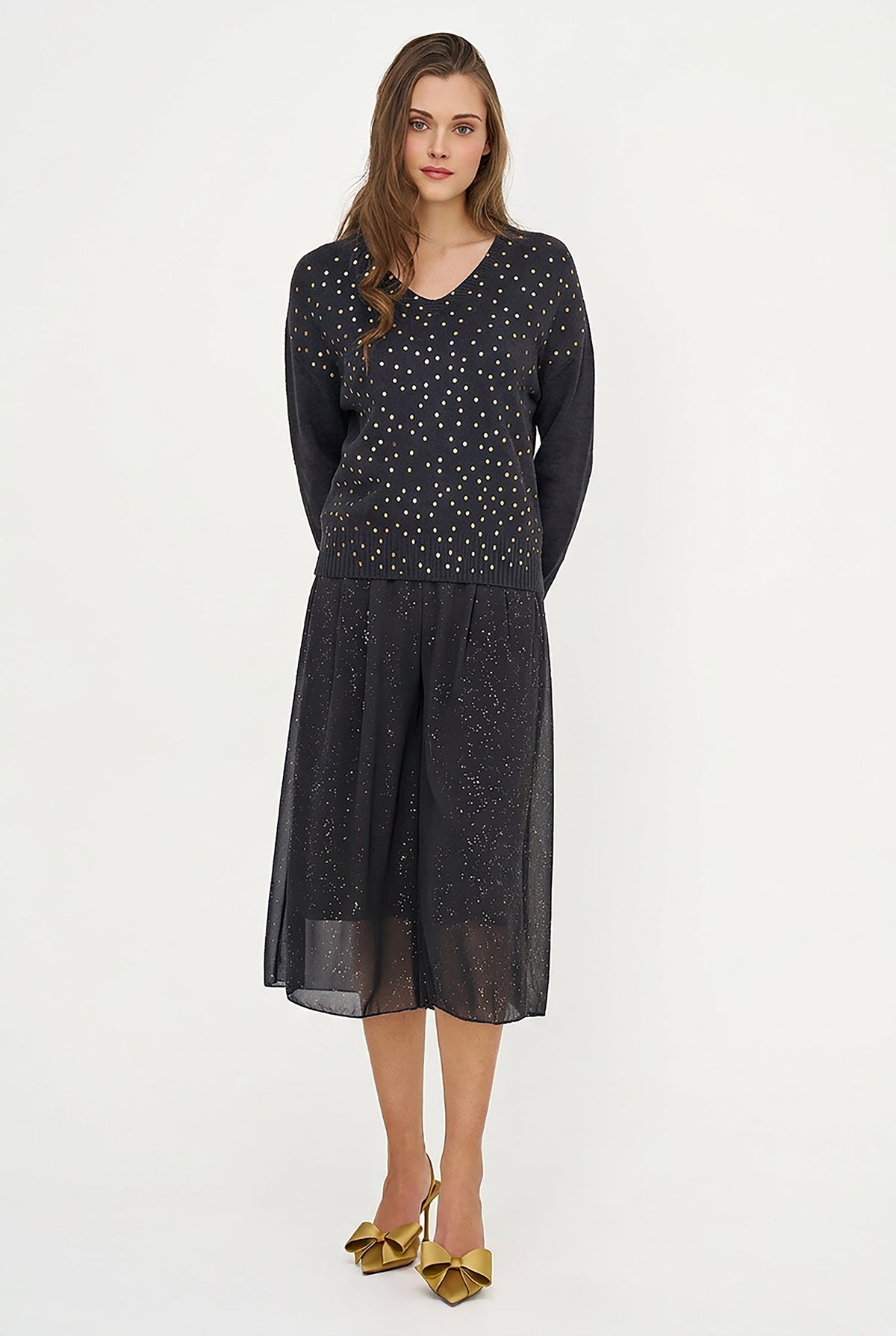 Women's Foil Polka-Dot Knit V-Neck Sweater with Long Sleeves