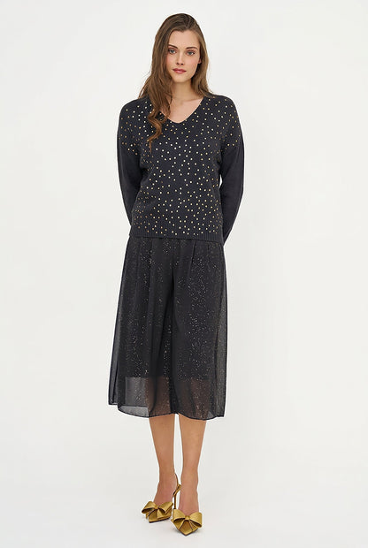 Women's Foil Polka-Dot Knit V-Neck Sweater with Long Sleeves