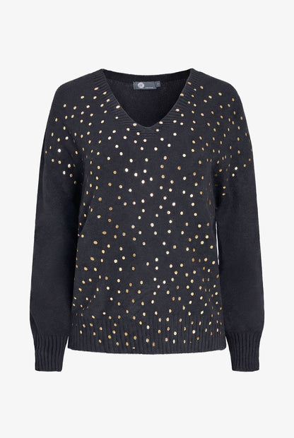 Women's Foil Polka-Dot Knit V-Neck Sweater with Long Sleeves