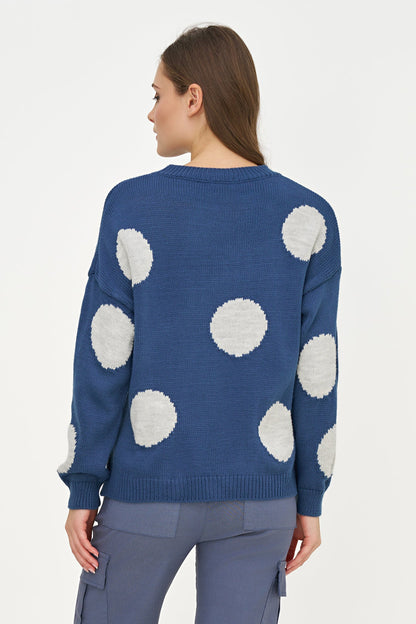 Women's Knit Polka-Dot Color-Block Crew-Neck Sweater with Long Sleeves