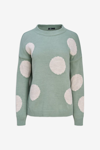 Women's Knit Polka-Dot Color-Block Crew-Neck Sweater with Long Sleeves