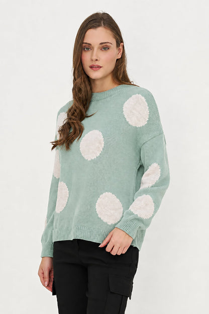 Women's Knit Polka-Dot Color-Block Crew-Neck Sweater with Long Sleeves