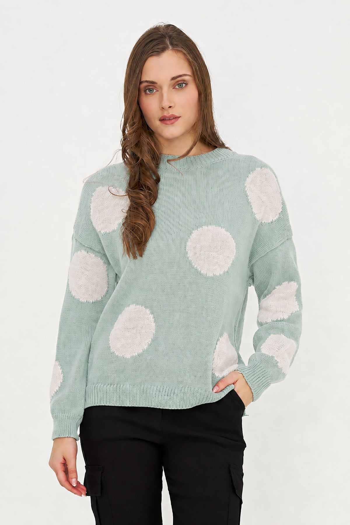 Women's Knit Polka-Dot Color-Block Crew-Neck Sweater with Long Sleeves