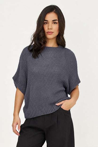 Women's Knit Boat-Neck Sweater with Short Sleeves