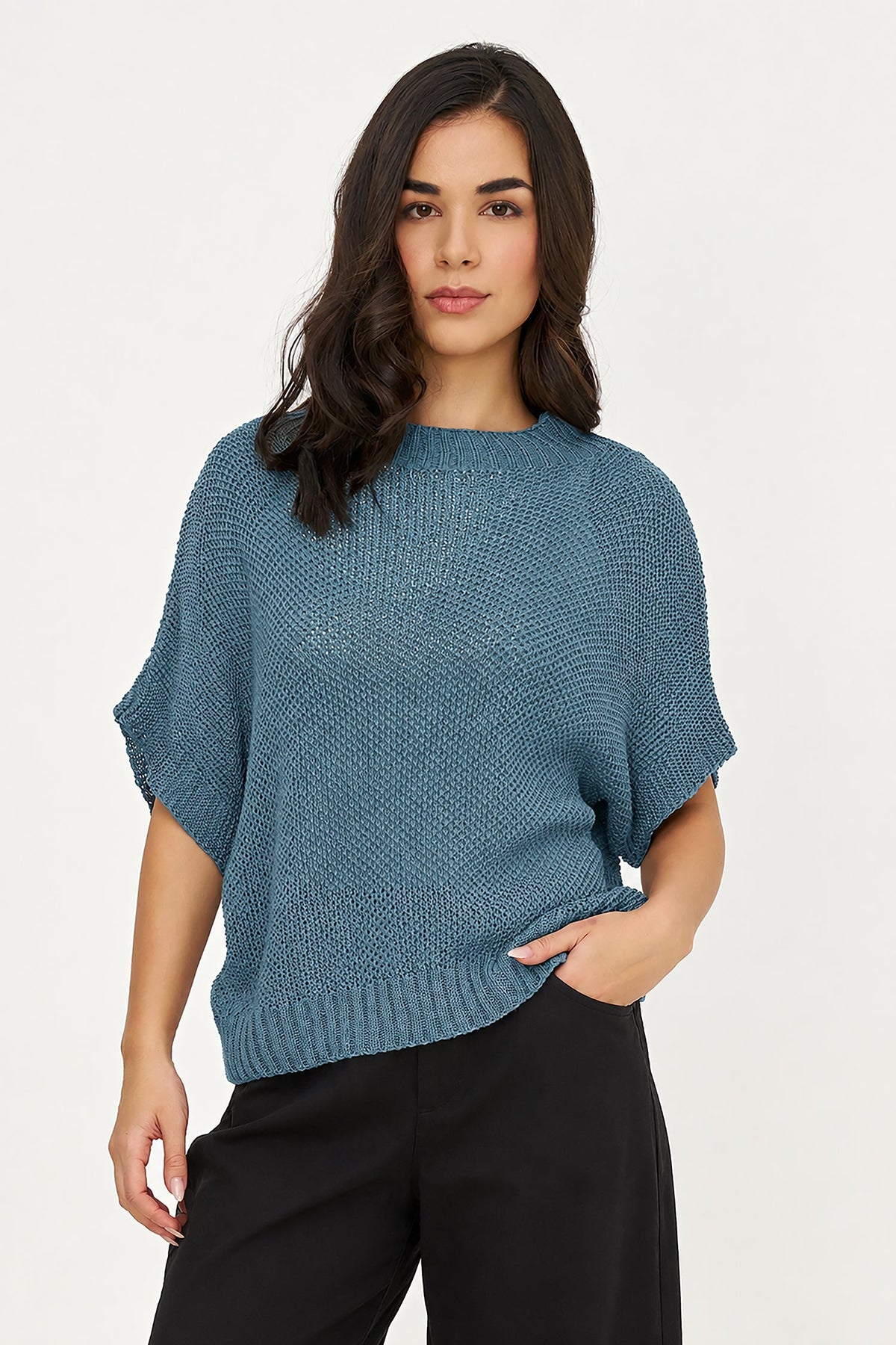 Women's Knit Boat-Neck Sweater with Short Sleeves