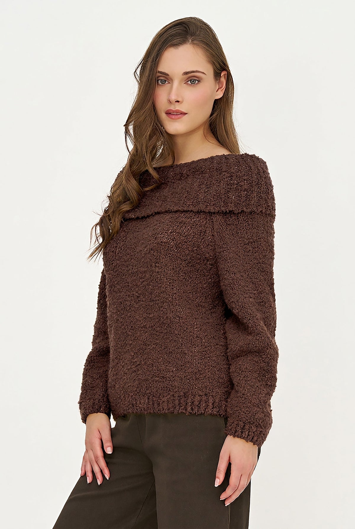 Women's Knit Off-Shoulder Sweater, Foldover Neckline & Long Sleeves