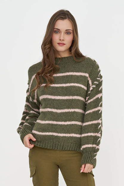 Women's Knit Crew-Neck Sweater, Long Sleeves & Color-Block Stripes