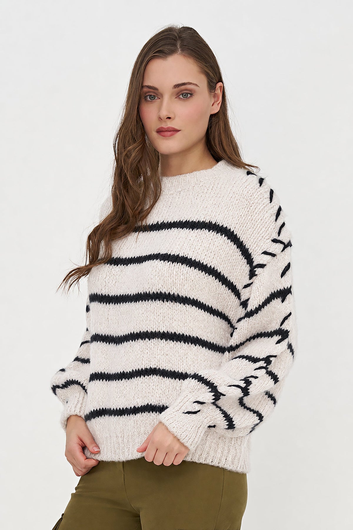 Women's Knit Crew-Neck Sweater, Long Sleeves & Color-Block Stripes