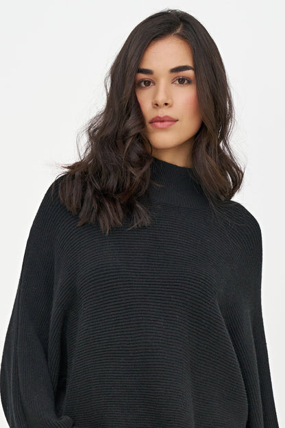 Women's Oversized Rib-Knit Mock-Neck Sweater with Scooped Hem