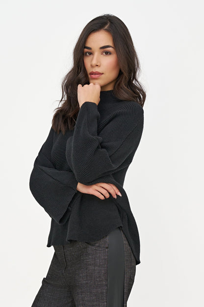 Women's Oversized Rib-Knit Mock-Neck Sweater with Scooped Hem
