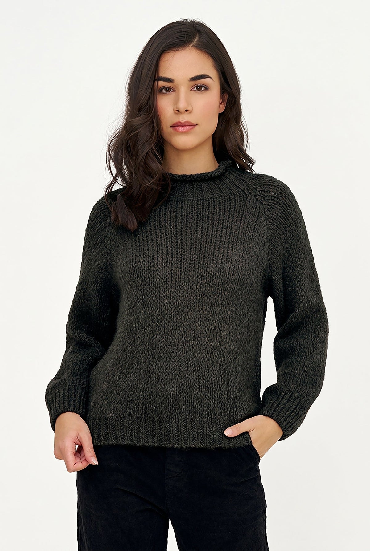 Women's Knit Sweater with Long Raglan Sleeves & Rolled Mock Neck