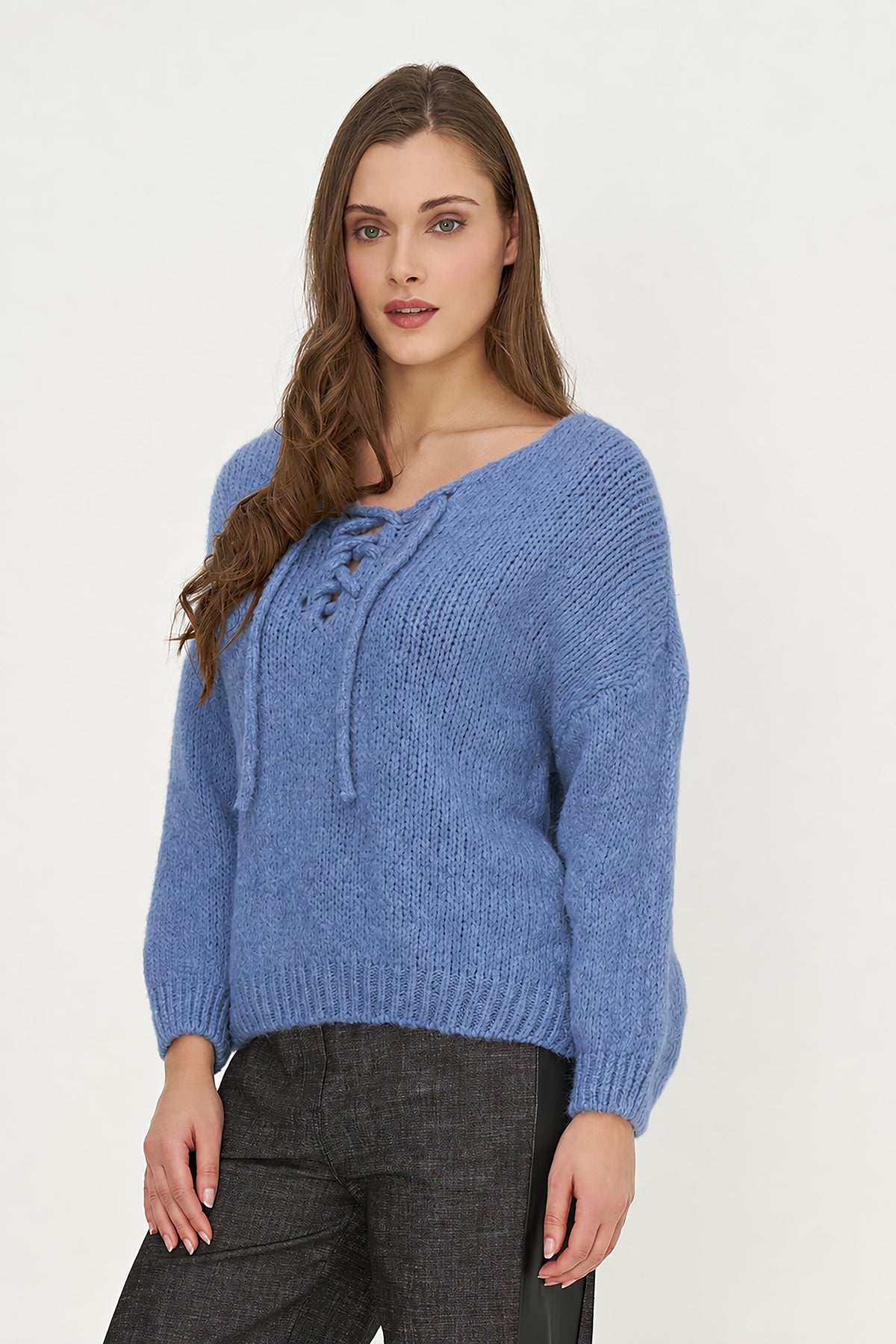Women's Knit V-Neck Sweater, Long Sleeves & Cord Tie at Collar