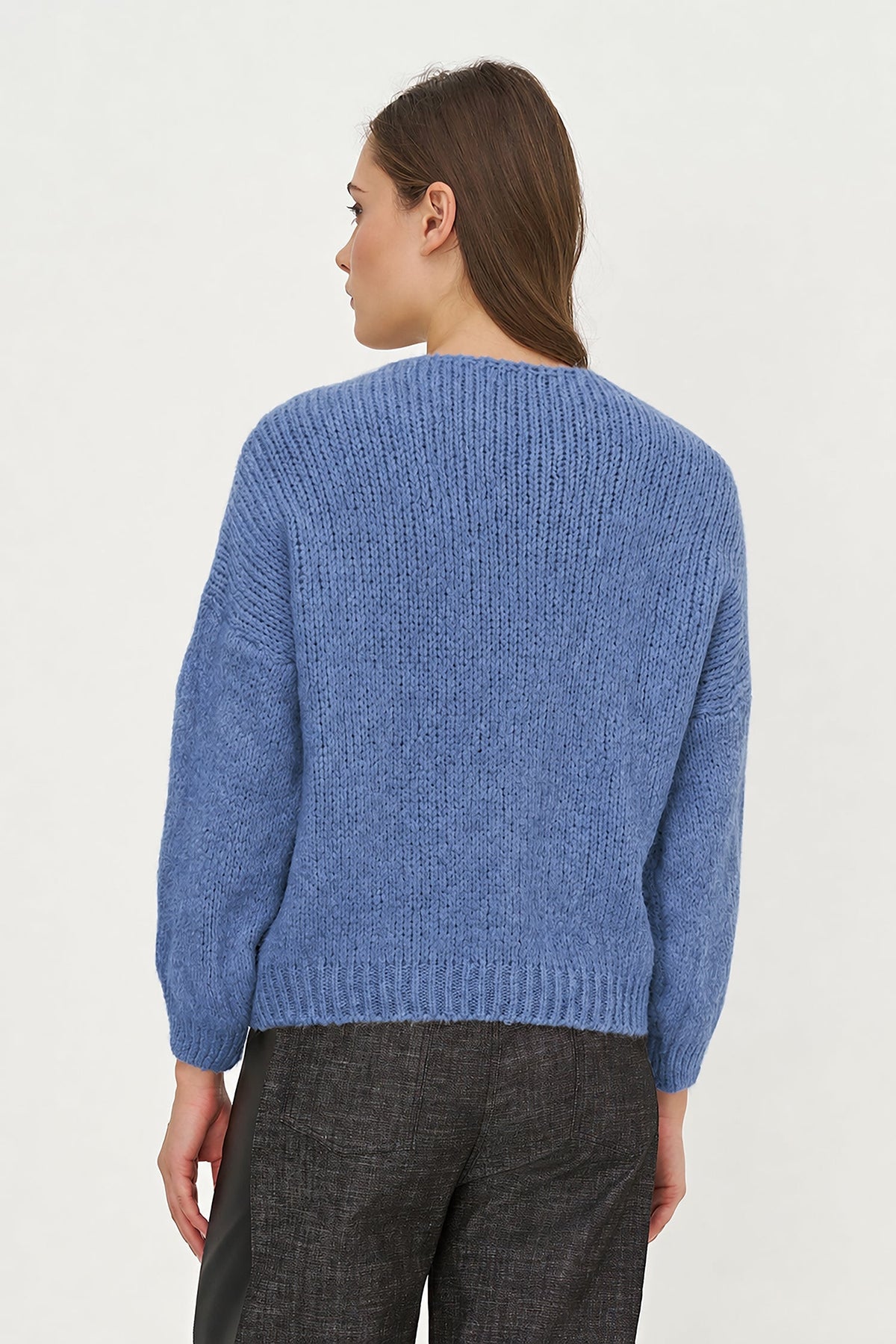 Women's Knit V-Neck Sweater, Long Sleeves & Cord Tie at Collar