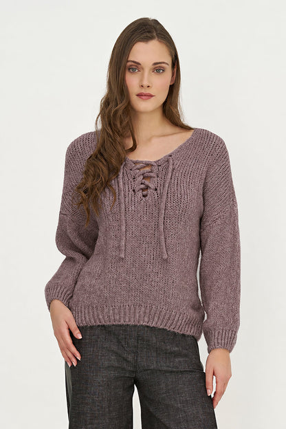 Women's Knit V-Neck Sweater, Long Sleeves & Cord Tie at Collar
