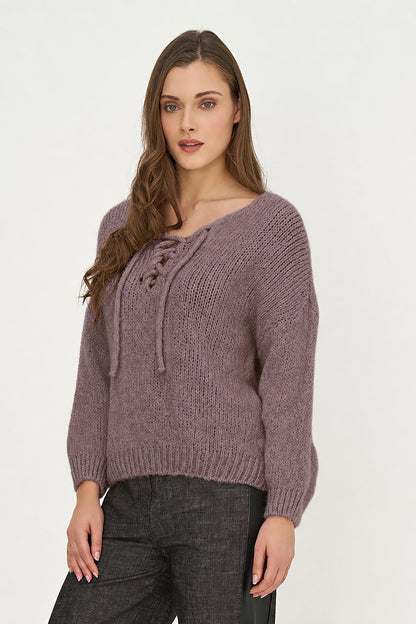 Women's Knit V-Neck Sweater, Long Sleeves & Cord Tie at Collar