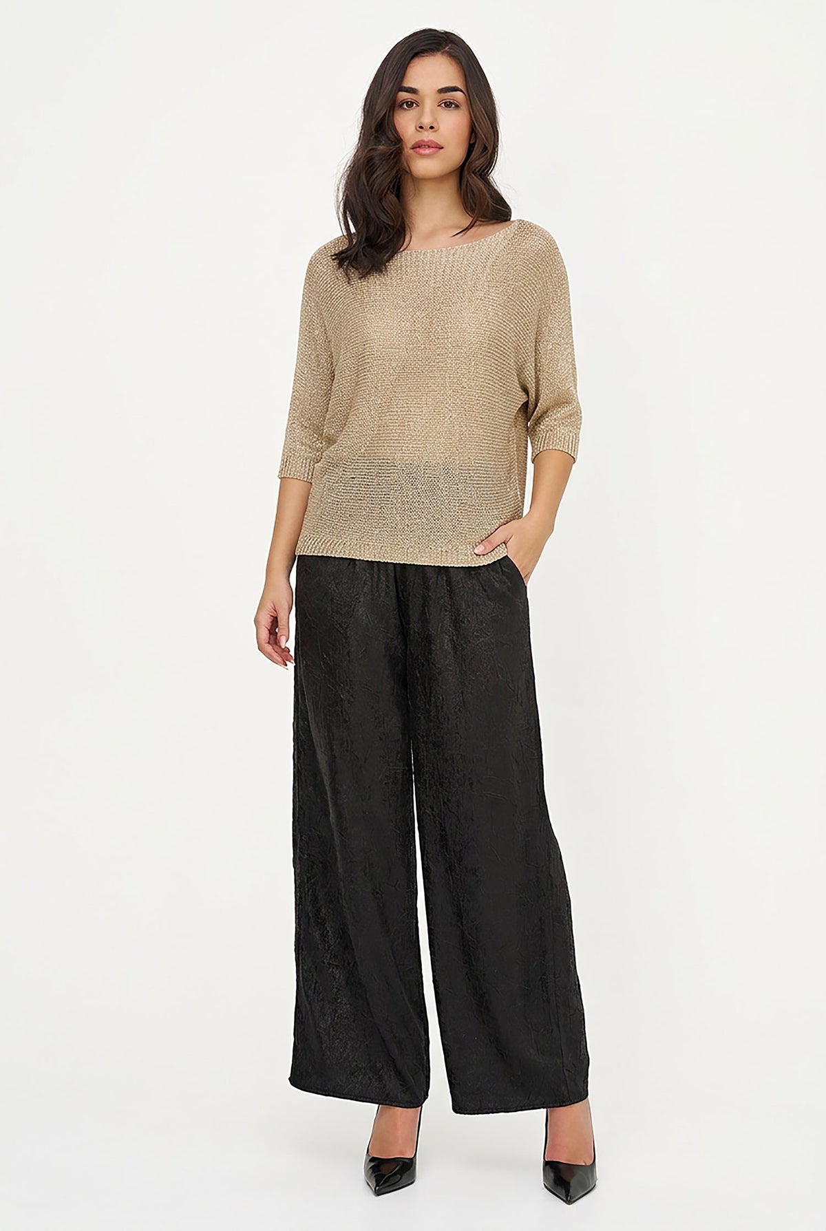 Women's Lurex Knit Boat-Neck Sweater, 3/4 Sleeves & Satin Back Bow