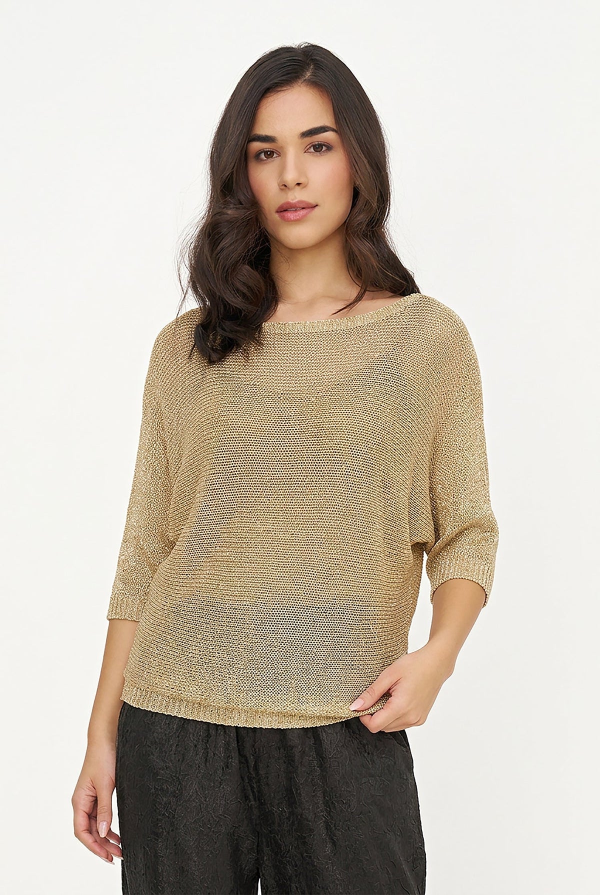 Women's Lurex Knit Boat-Neck Sweater, 3/4 Sleeves & Satin Back Bow