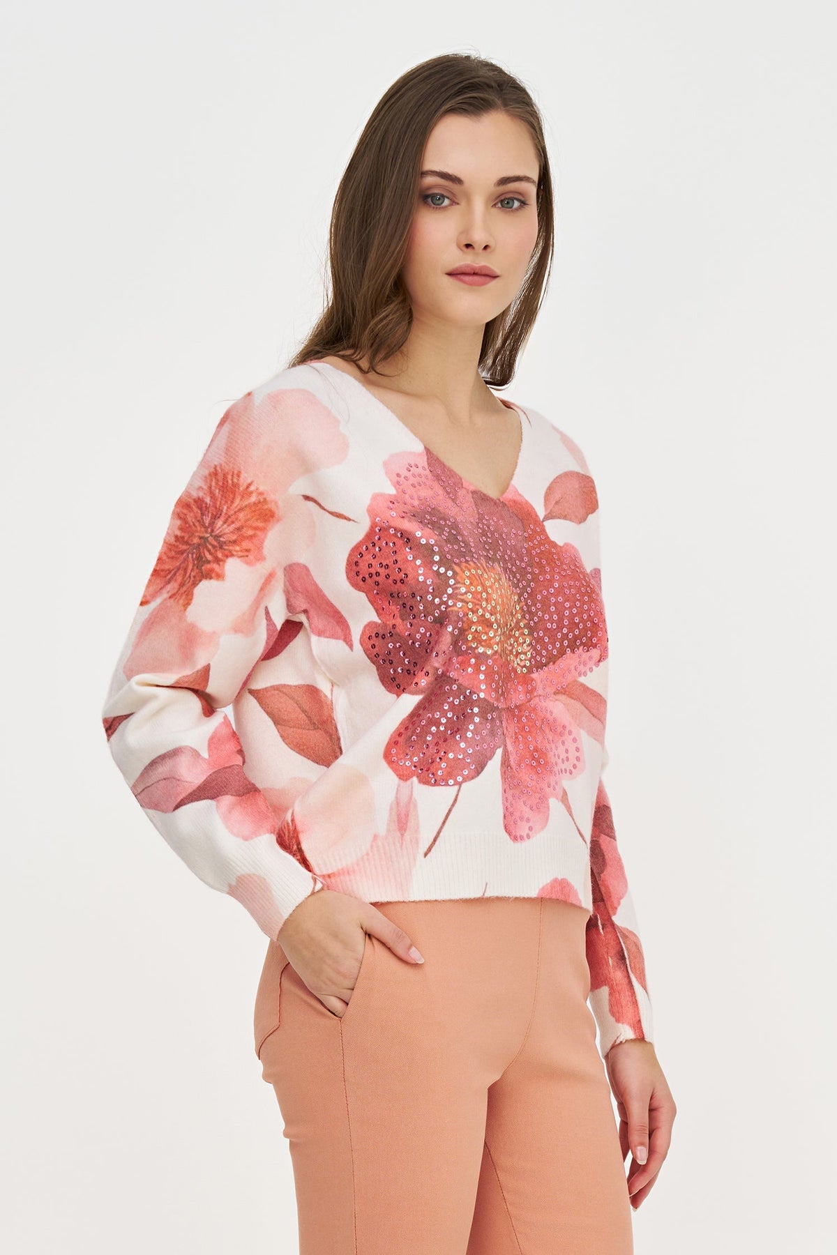 Women's Printed Knit V-Neck Sweater