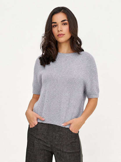 Women's Soft Brushed-Knit Crew-Neck Sweater with Elbow-Length Sleeves