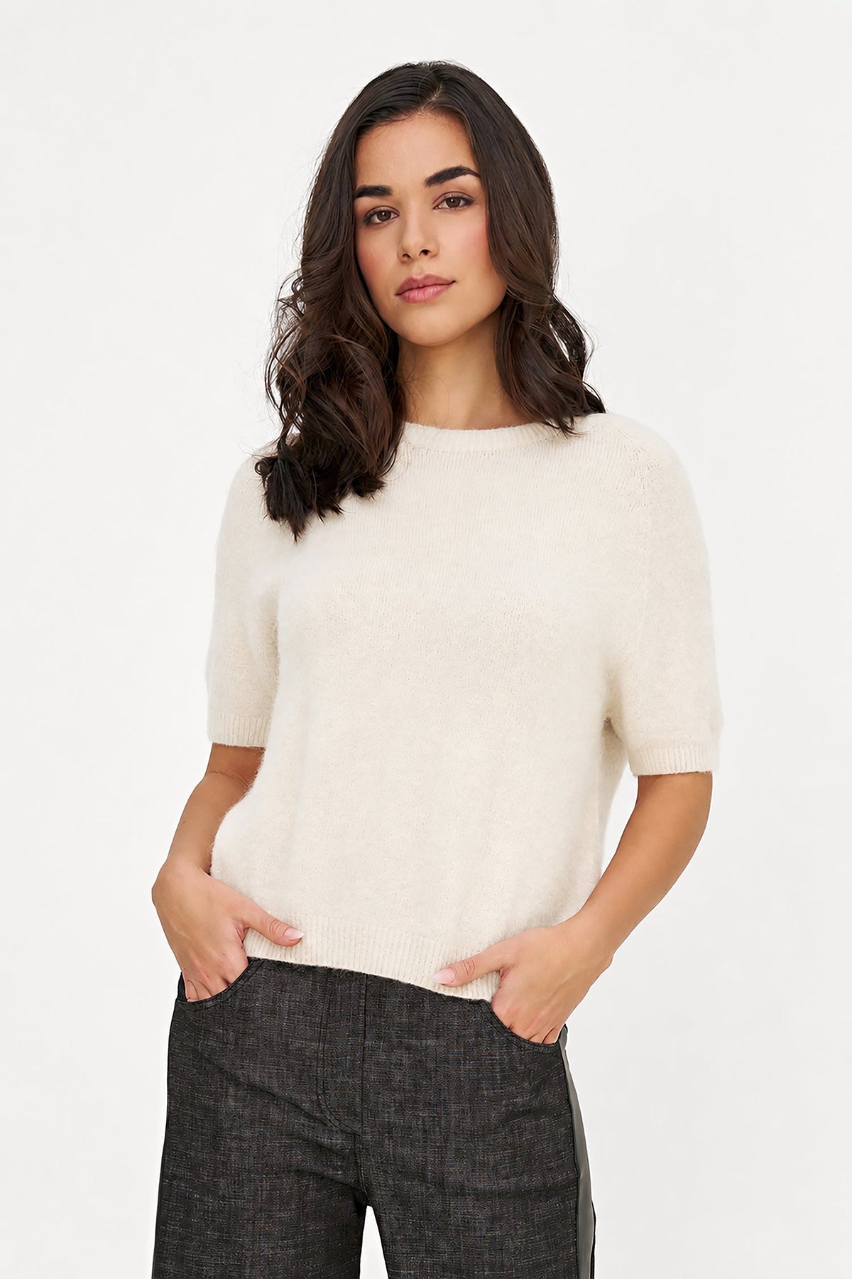 Women's Soft Brushed-Knit Crew-Neck Sweater with Elbow-Length Sleeves