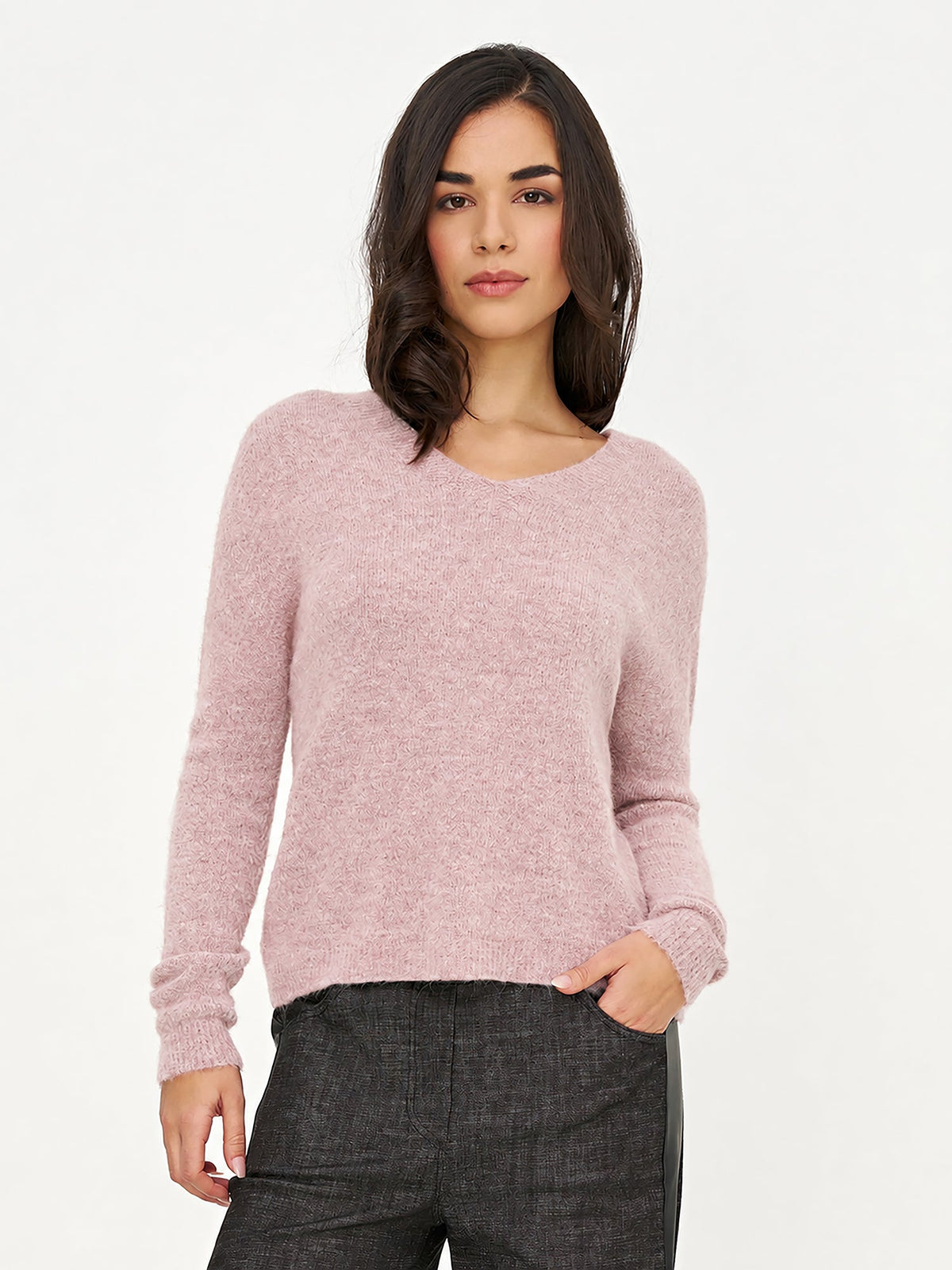 Women's Soft Brushed-Knit V-Neck Sweater with Long Sleeves