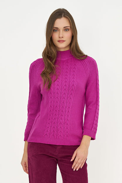Women's Cable-Knit Mock-Neck Sweater with Long Raglan Sleeves